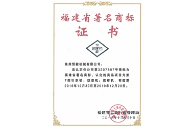 Fujian famous trademark certificate